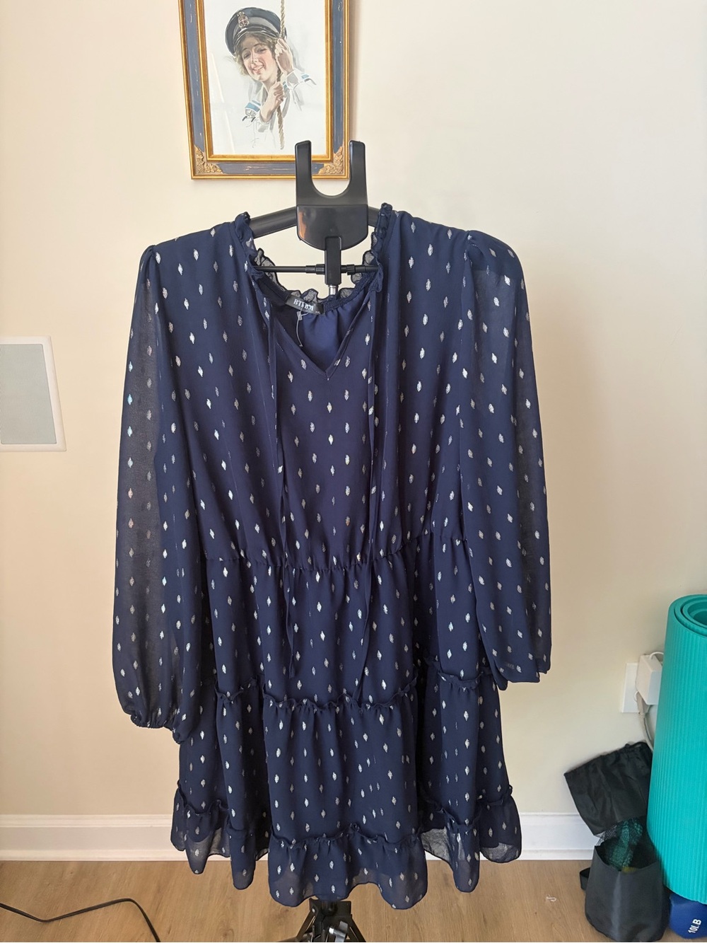 BTFBM Navy Metallic Leaf Print Tiered Mini Dress XXL Boho Long Sleeve